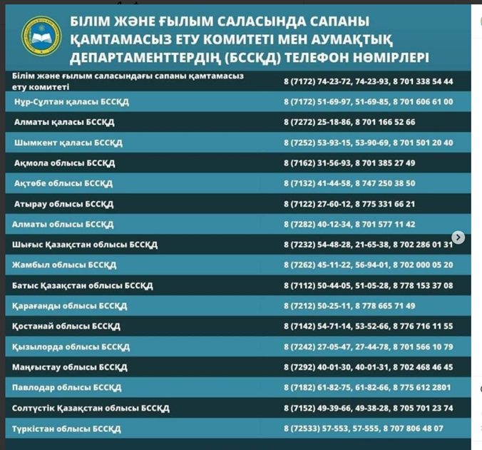 БІЛІМ ЖӘНЕ ҒЫЛЫМ САЛАСЫНДА САПАНЫ ҚАМТАМАСЫЗ ЕТУ КОМИТЕТІ АЗАМАТТАРДЫҢ ӨТІНІШТЕРІ ҮШІН ЖЕДЕЛ ЖЕЛІ ТЕЛЕФОНДАРЫН ІСКЕ ҚОСЫП ЖАТЫР